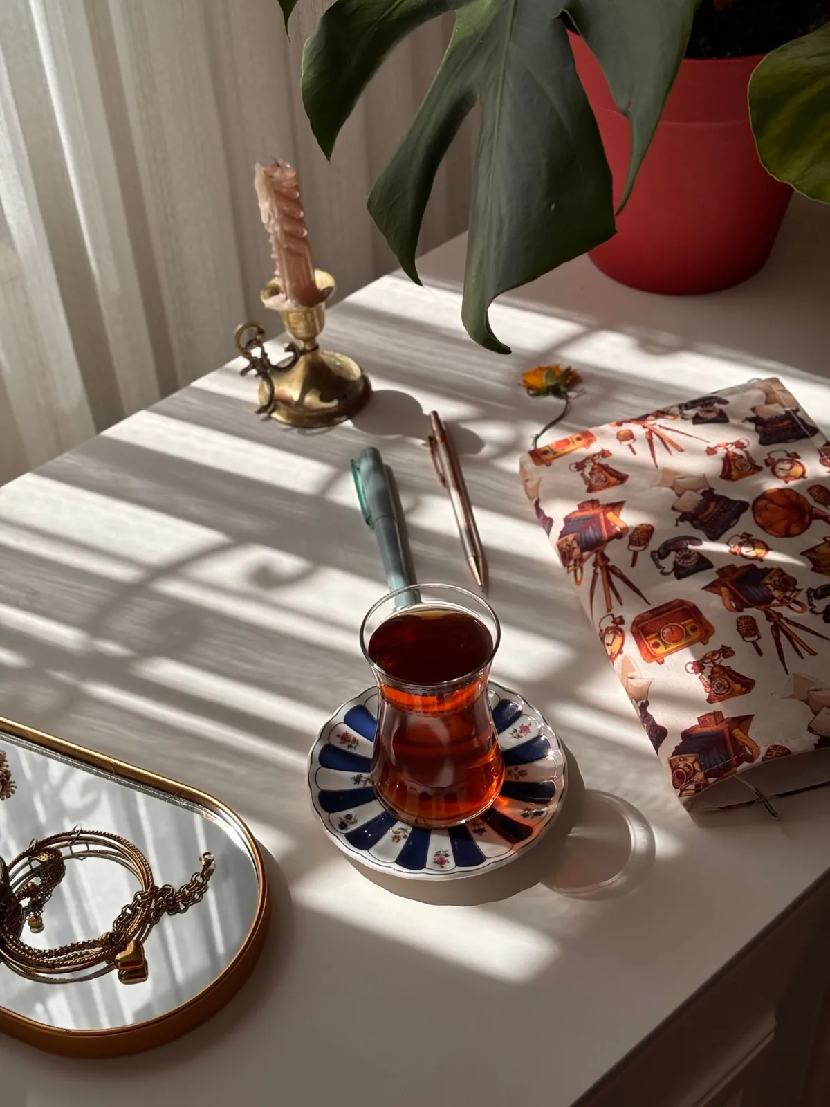 Cup of tea in a sunlit corner with houseplants