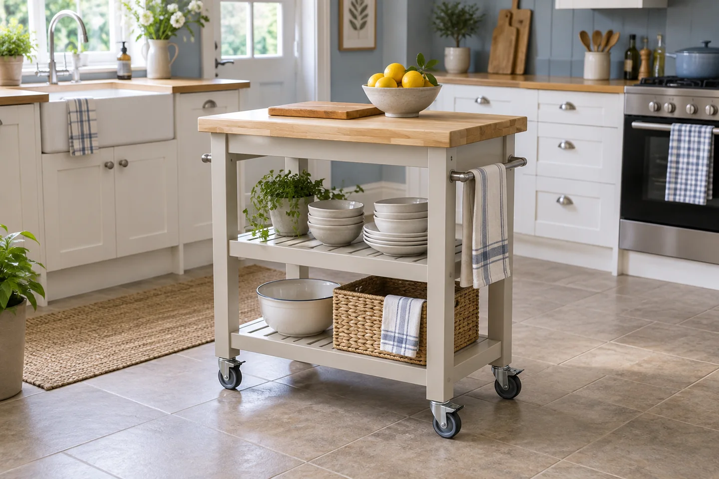Illustrative compact kitchen trolley with a wooden worktop, open shelves and castor wheels
