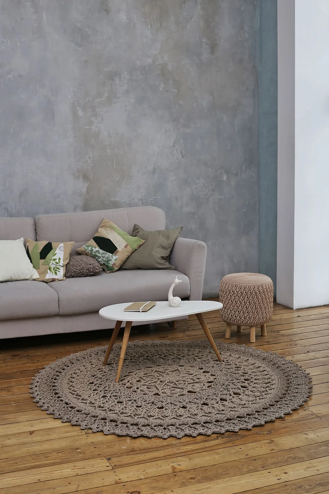 Small coffee table within a compact seating area